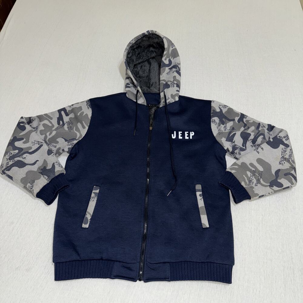 JEEP Full Zip HOODIE Camouflage Sleeves And Hood Faux Sherpa Lining Medium EUC
